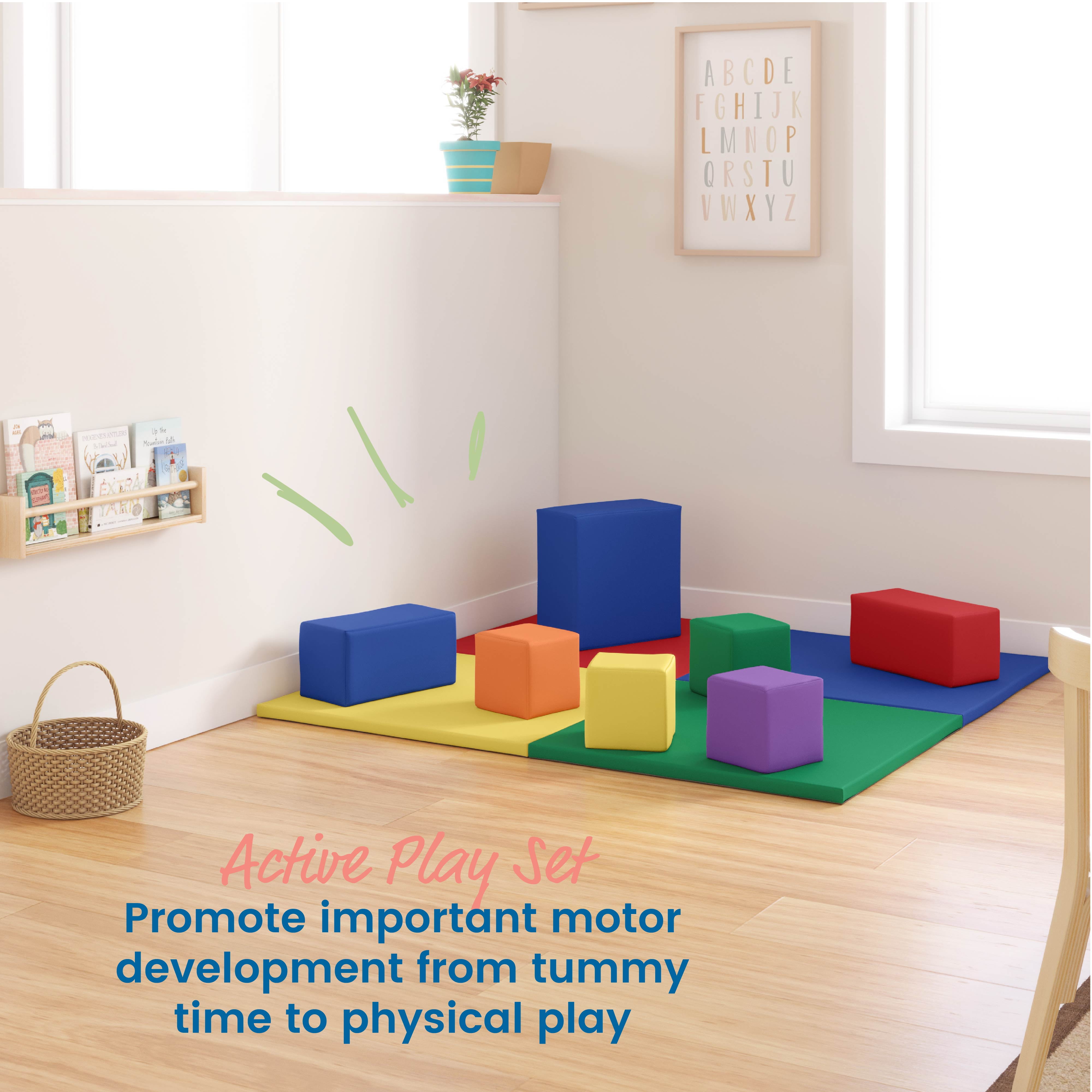 ECR4Kids SoftZone Quad Fold-N-Go Activity Mat and Patchwork Toddler Blocks, Assorted, 13-Piece
