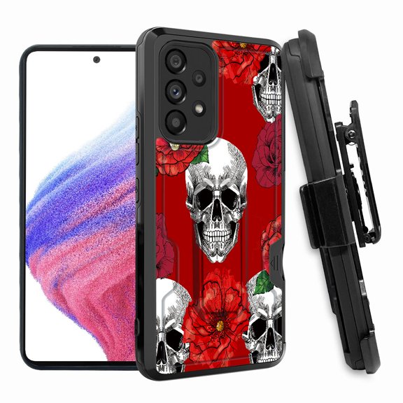ANJ  Rugged Shockproof Hoster Case w/Card Slot, Kickstand   Tempered Glass Cover for Samsung Galaxy A33 5G - Red Floral Skull