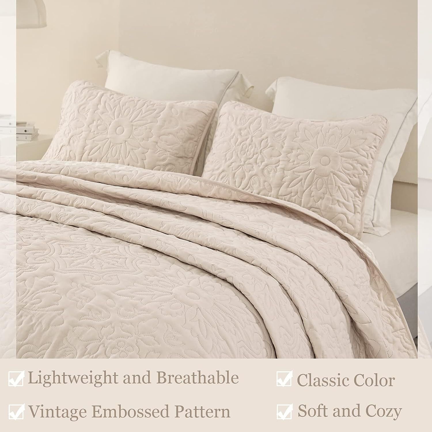 Whale Flotilla 3-Piece King Quilt Set, Soft Embossed Bedding Set, Lightweight Bedspread Coverlet with Damask Vintage Pattern, Reversible Bed Cover for All Seasons, Brich Beige