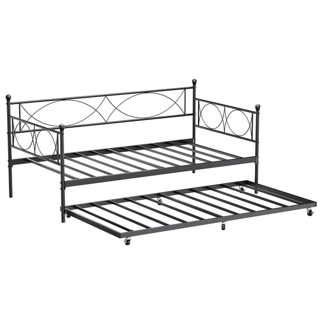 Bingirl Cadre de Lit de Jour en Métal Format Simple avec Tiroir-Lit, Base de Matelas Plateforme Canapé-Lit, Roulettes Verrouillables, Lattes Métalliques Robustes, pour Salon, Chambre, Chambre d'Amis, Noir