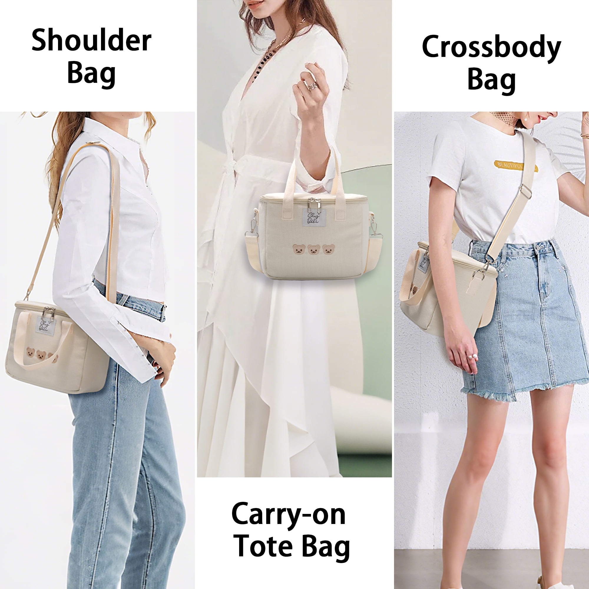 Minsong Insulated Cooler Bag Embroidered Insulation Bag, Versatile Multifunctional Lunch Box bag Portable Baby Bottle Handbag Mommy Bag Beige