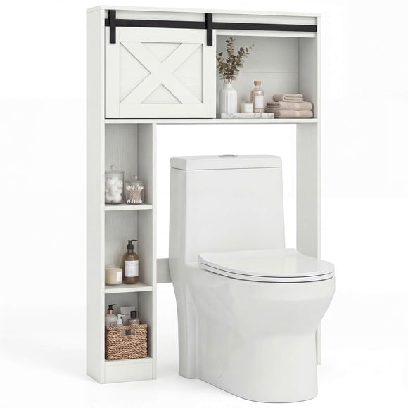Costway Over the Toilet Bathroom Storage Cabinet with Sliding Barn Door & Shelves White