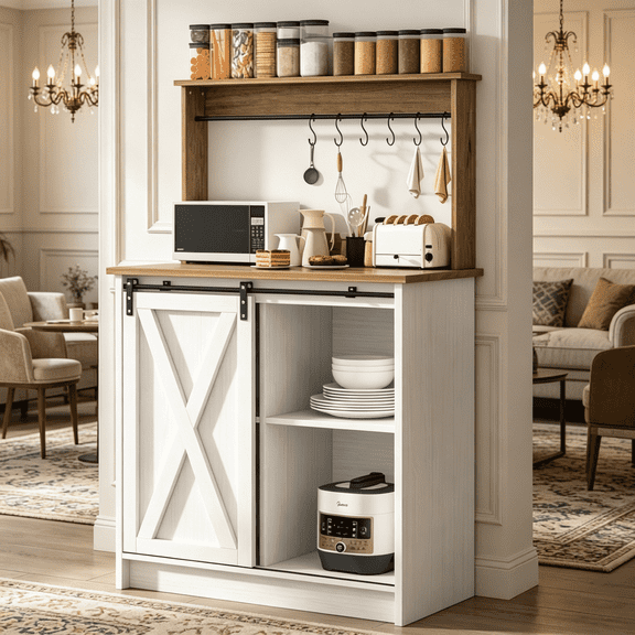 DreamCurship Farmhouse Coffee Bar Cabinet with Storage, Buffet Cabinet Kitchen Storage Cabinet with Hutch, Small Coffee Station, Rustic,Wood,White