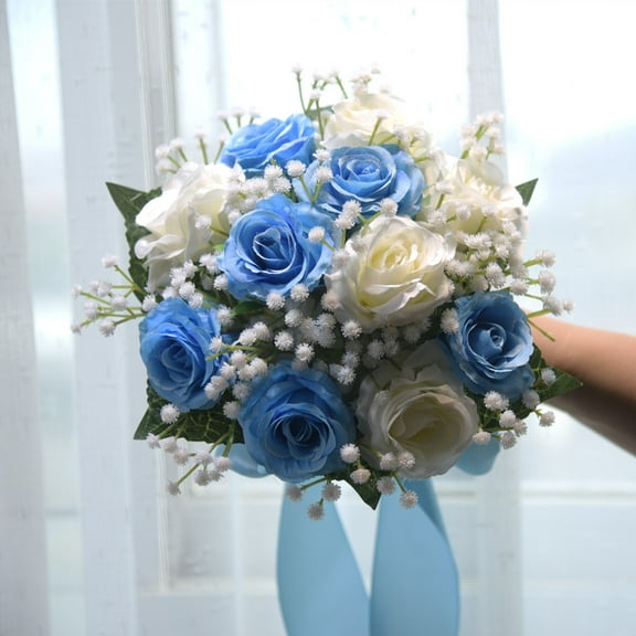 Zhuge Wedding Bouquets for Bride, Blue Silk Champagne Rose Artificial Flowers, Realistic Fake Roses Ideal for Wedding, Proposal & Home Church Decor