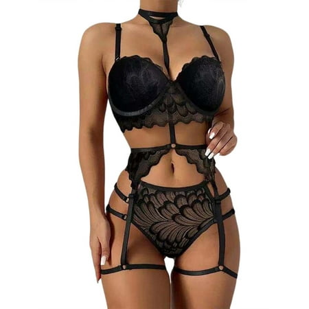 

Ritualay Women Teddy Babydoll 3 Pieces Lingerie Set With Garter Belt Sheer Bodysuit Halter Neck Ladies Mash Lace Sexy See Through Black 2XL