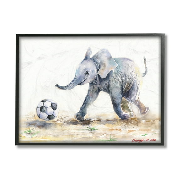 Stupell Industries Elephant Baby Playing Soccer Adorable Jungle Animal Black Framed, 24 x 30, Design by George Dyachenko