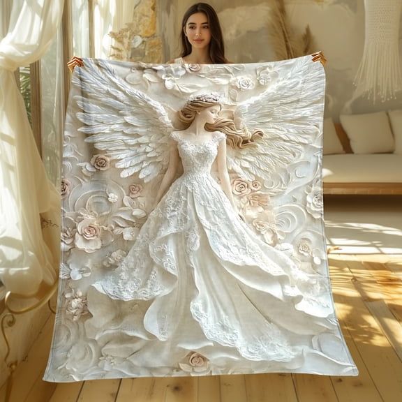 Angel Wing Flannel Blanket with Roses, Lightweight Pastel Floral Throw for Bed Couch Travel, Soft Warm All-Season Bedding Gift for Home Wedding Birthday