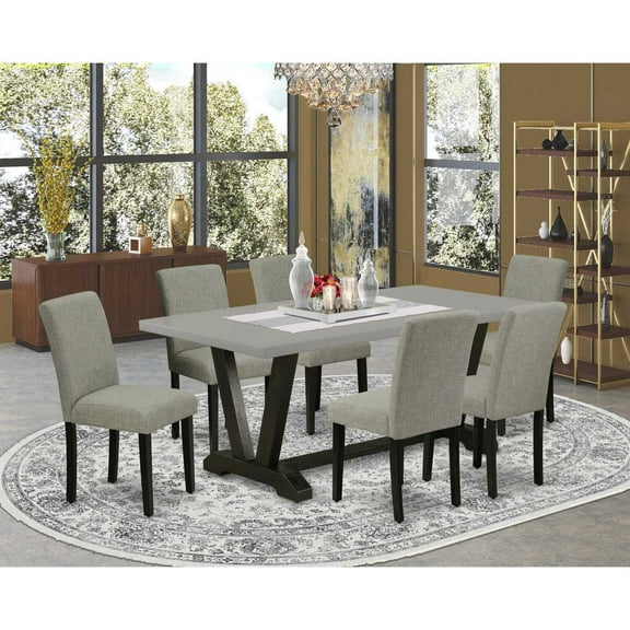 East West Furniture V697AB106-7 7-Pc Dining Room Table Set - 6 Padded Parson Chairs and 1 Modern Rectangular Cement Kitchen Dining Table Top with High Chair Back - Wire Brushed Black Finish