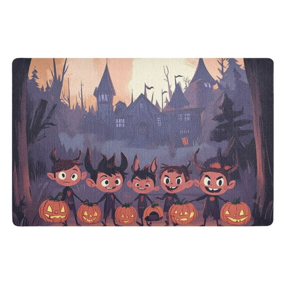 Halloween Cartoon Kids and Pumpkin Lights Floor Door Mat Outdoor Indoor for Home Entrance Welcome Mats 32"x20"