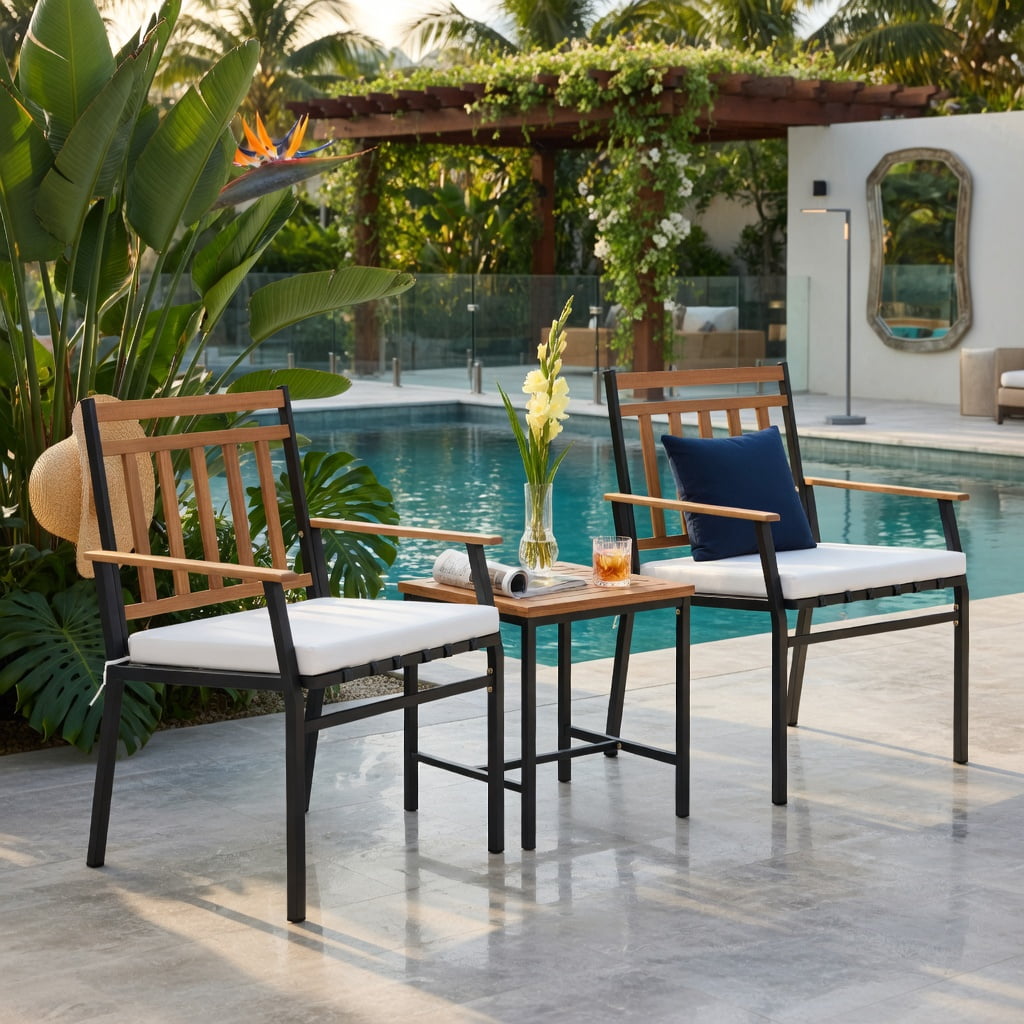 Hommoo 3-Piece Acacia Wood Outdoor Patio Conversation Set with Cushions, Sturdy Metal Frame, Ergonomic Chairs & Coffee Table for Backyard, Deck or Balcony, White