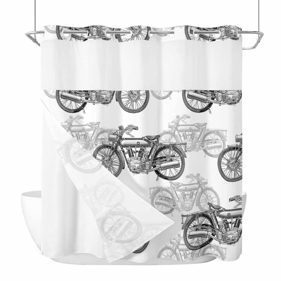 No Hook Shower Curtains with Snap-in Liner Set, Black White Motorcycles Waterproof Hotel Style Bathroom Shower Curtain, Modern Hand-Painted Vehicles Breathable Mesh Top Window Bath Curtains 66''x72''