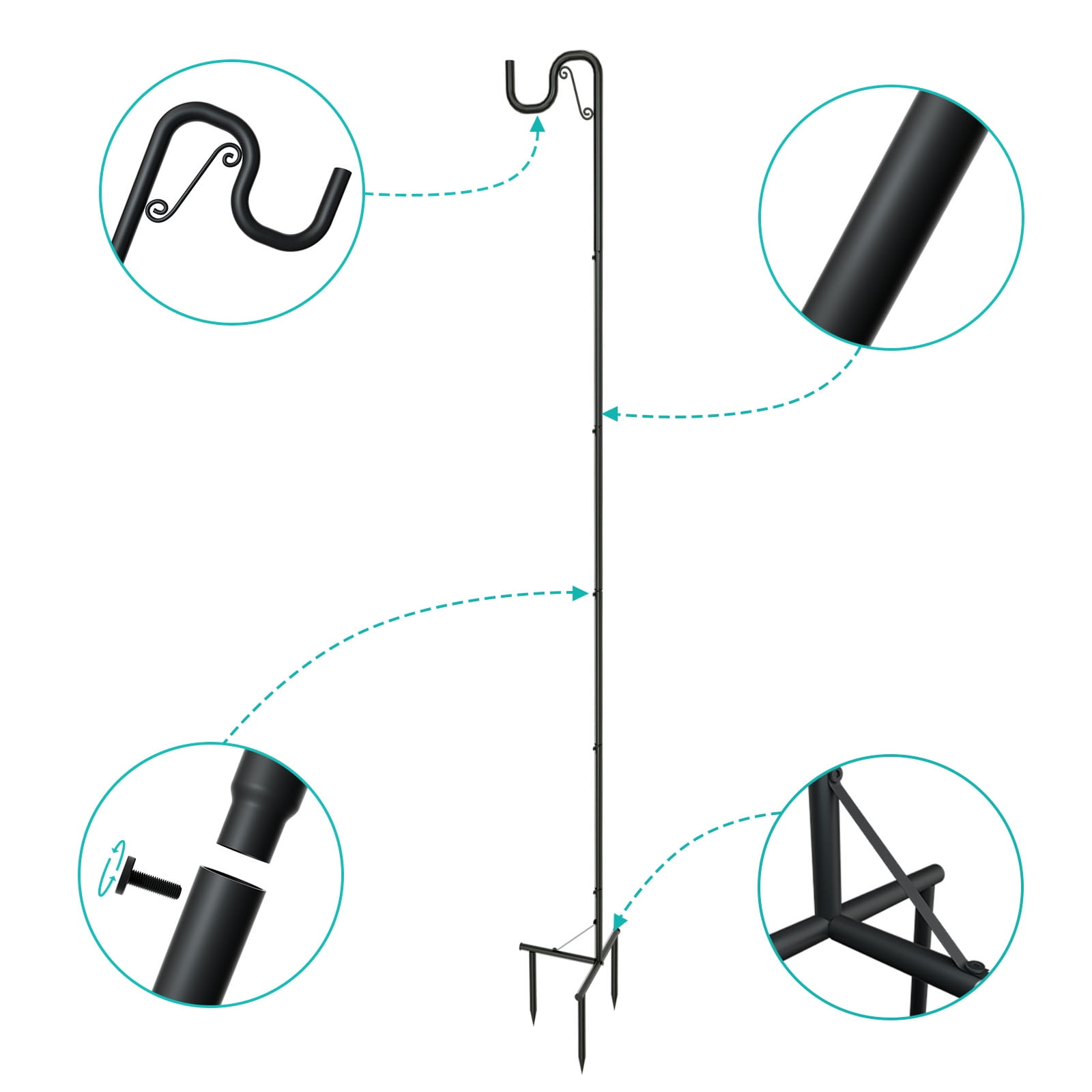 2 Pack 90-Inch Shepherds Hooks for Outdoor, Adjustable Heavy Duty Bird Feeder Pole with 3 Prong Base, Black Plant Hangers for Hanging Baskets, Solar Lights, Wedding Decor