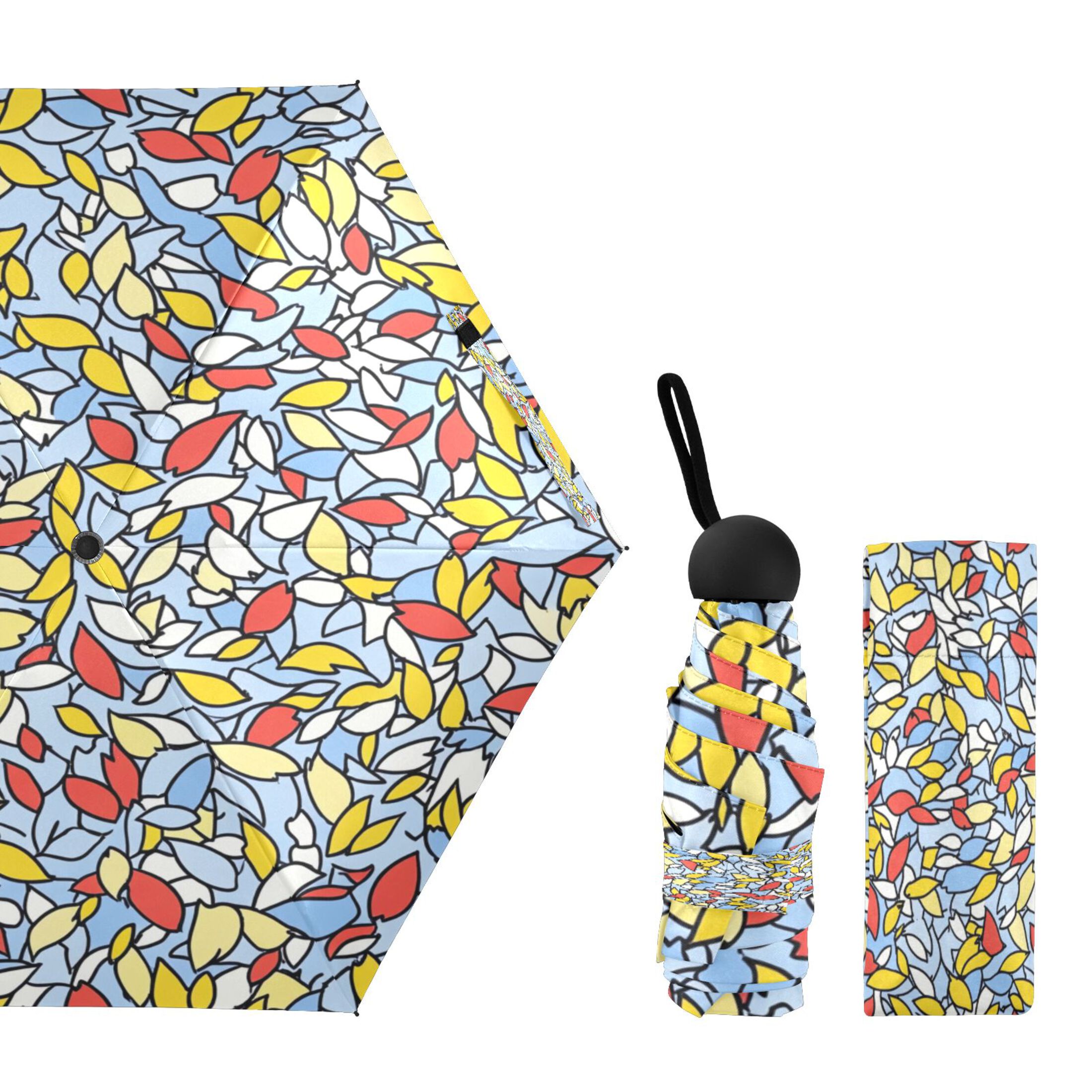 Colorful Leaf Pattern Umbrellas for Sun Auto Open Close UV50+ Waterproof 5-Fold Compact Fiberglass Frame