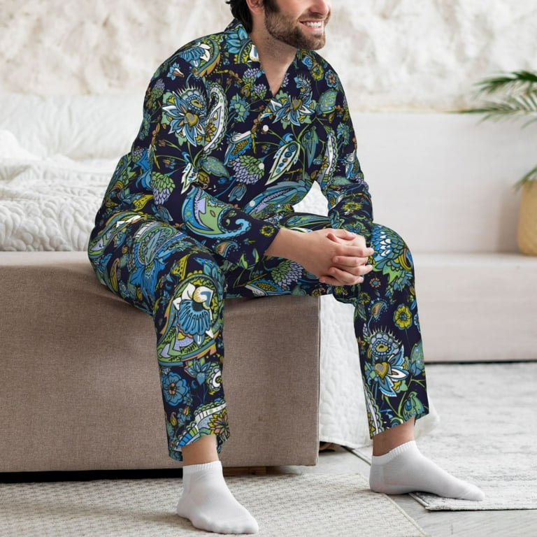 Mens Pajamas Set, Paisley Pattern Blue Green Button Down Long