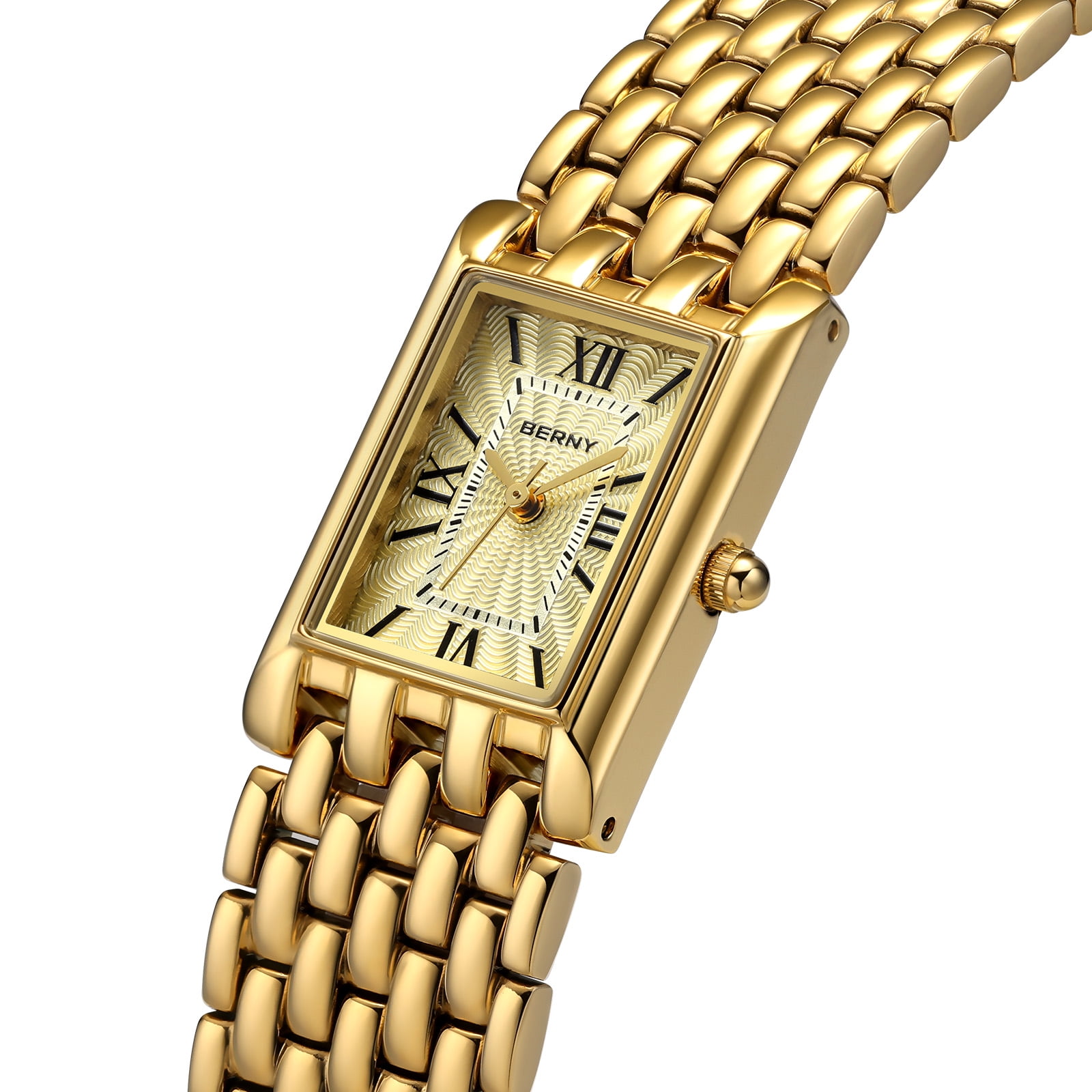 BERNY Small Gold Watches for Women, Luxury Vintage Rectangular Case Roman Dial, Dainty Stainless Steel Bracelet Watch, Adjustment Tool Included, Waterproof, Womens Gold Watch Gifts (Gold)