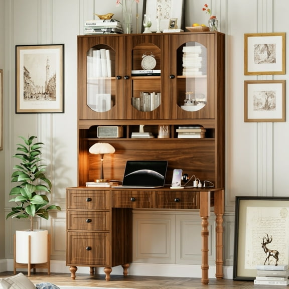 47'' Retro Desk with Charging Ports and Hutch Cabinet, Office Desk with 5 Storage Drawers and Transparent Glass-Door Bookshelf, Executive Computer Desk for Home Office, Bedroom, Walnut