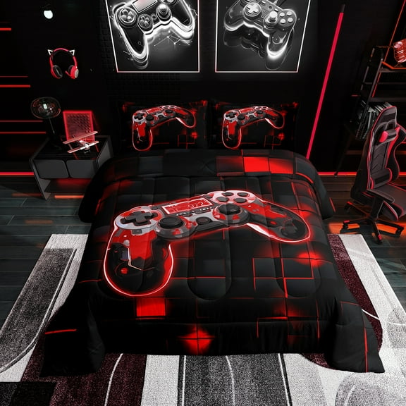 Gamer Twin Bedding Sets Red and Black Gaming Comforter Set ,Neon Checkered Geometric Bedding Comforter Sets,Video Game Controller Quilt Bed Set 2Pcs