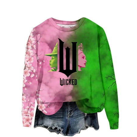 Wickeds Sweatshirts for Women WitchSweater Changed for Good Shirt Women s Halloween Themed Long Sleeve Crop Top Sweatshirt Witch Graphic Pink & Green Tie-Dye Casual Pullover