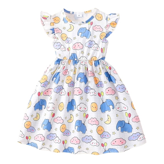 Fshinging Dresses For Girl 2025 Party Cute Cartoon Clouds Elephant A-Line Party Casual Summer Full Print Princess Dress Size 8-10