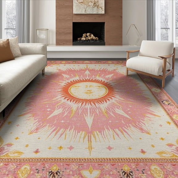 ODIKA 8'x10' Washable Area Rug Pink Boho Vintage Whimsical Border Retro Cottagecore Beige Maximalist for King Size Bedroom Under Bed, Master Suite, Non-Shedding, Easy Care