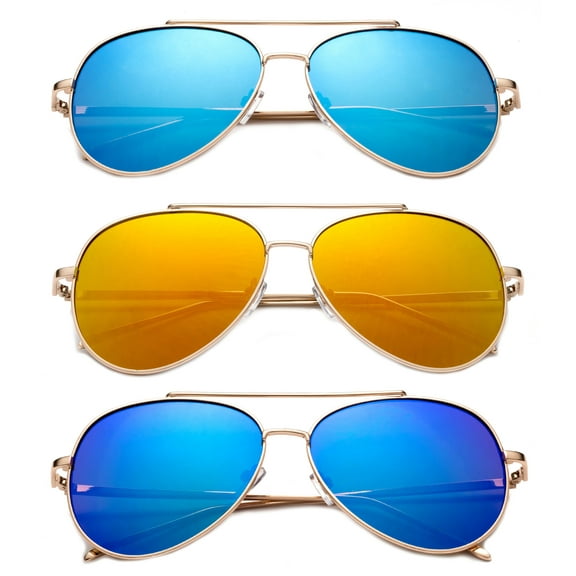 3 Pack Metal Frame Arm Aviator Fashion Sunglasses for Men for Women, Flash Mirror Lens , Blue, Orange & Green