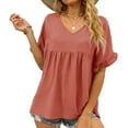 thumbnail image 2 of USSUMA Womens Summer Tops Ruffle Flowy Peplum T-Shirts for Women Trendy Solid Color Womens Blouses and Tops Dressy Short Sleeve V Neck Tunic Plus Size Shirts for Women, 2 of 8