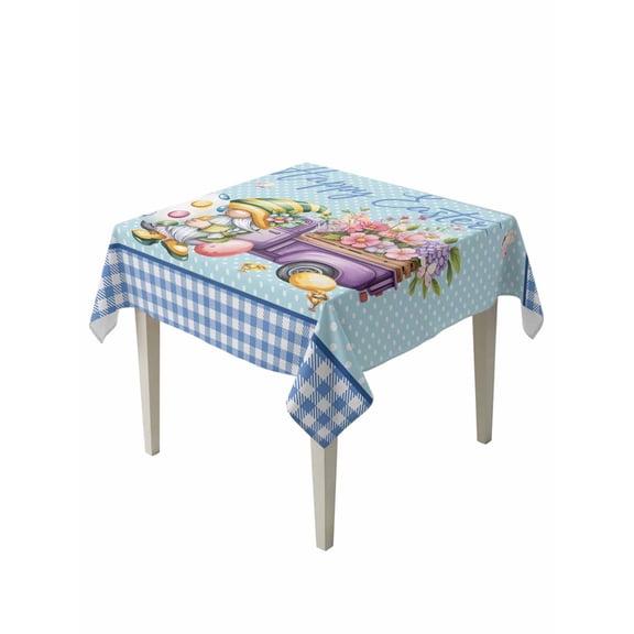 Easter Suqare Tablecloth - 54 x 54 Inch, Gnomes Colorful Dots Eggs Truck Flowers Blue Plaid Waterproof & StainResistant Tablecloth, Washable Oil-proof Table Cover for Dining/Party/Wedding/Buffet