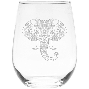 Elephant Stemless Wine Glass 17 Ounces, Laser Engraved, Crystal, Lead-free