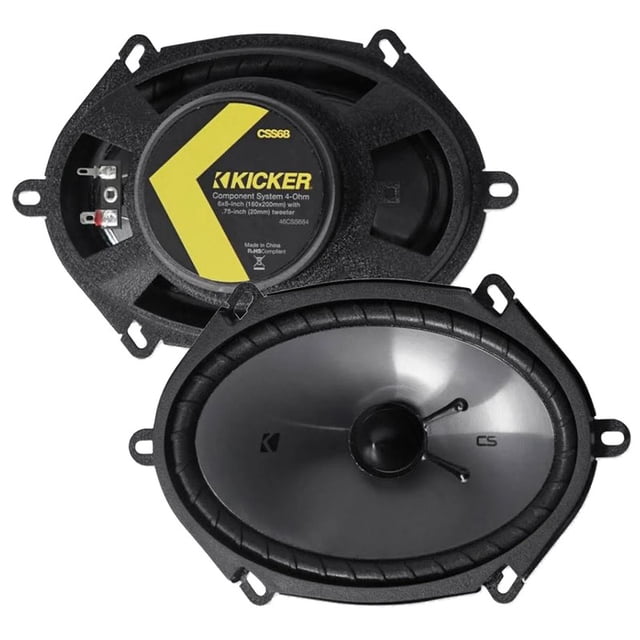 set de medios kicker css68, par de bocinas ovaladas negras 6x8 pulg, vista frontal y trasera; cono metálico oscuro con cap central tipo tweeter, borde de goma y marco con cuatro orejas de montaje y terminales eléctricos visibles, para instalación en audio para autos.