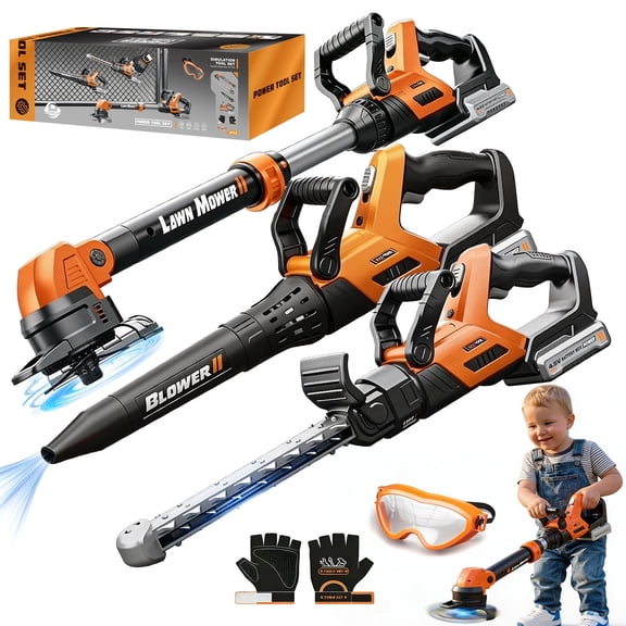 LINXUXIE 3-in-1 Kids Garden Tools, Pretend Play Set with Weed Whacker, Leaf Blower & Hedge Trimmer, Birthday Gifts for Kids 1-3 3-5 5-8 Year Old