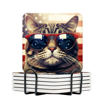 

Ceramic Drinking Coasters With Holder A fashion cat with sunglasses retro creative design Water Absorbent Marble Tabletop Protection (Cork Base) Set of 6 Suitable for Various Mugs Home Decor，4 Inch