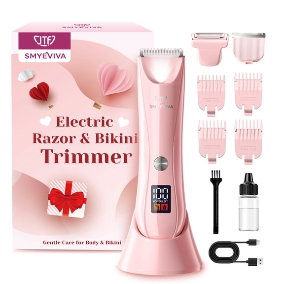 Smyeviva Electric Razors for Women Groin Hair Trimmer IPX7 Dual-Head Razor with LCD Display Ceramic Blade Ball Shaver Clipper Body Grooming Kit (Pink)