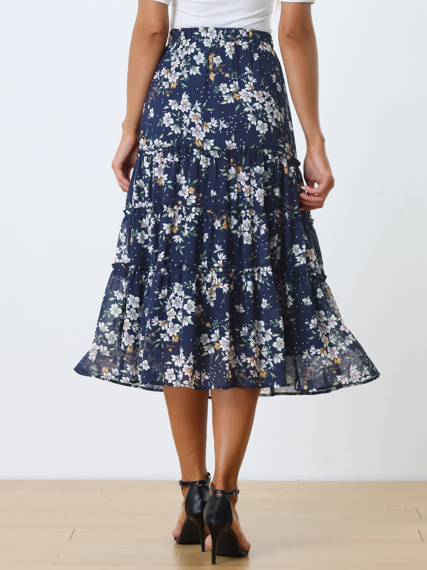 DARING DIVA Women's Chiffon Tiered A-Line Maxi Skirt XL Blue White Flower