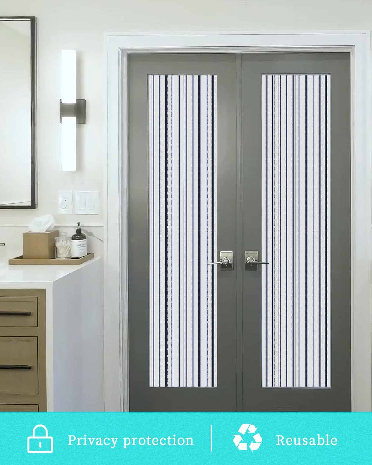 Window Privacy Film,Blue Stripes UV Sun Blocking Window Tint Film Heat Control One Way Blackout Window Film,Geometric Vertical Linens Modern Minimalism Non Adhesive Static Cling Sticker 23.6x78.7 In