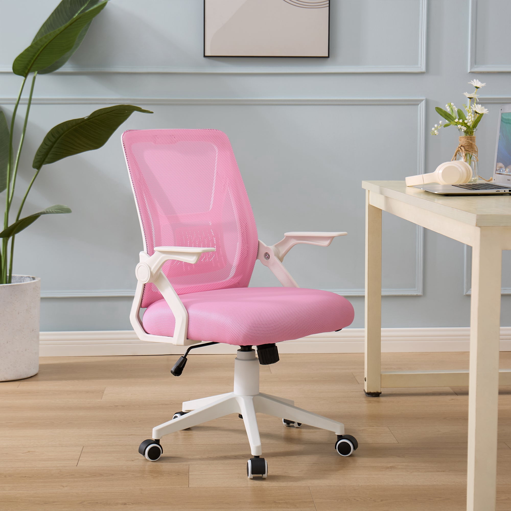 VECELO Mid-Back Swivel Adjustable Ergonomic Office Chair, Mesh Lumbar Support and Adjustable Arms Task Chair for Computer, Pink