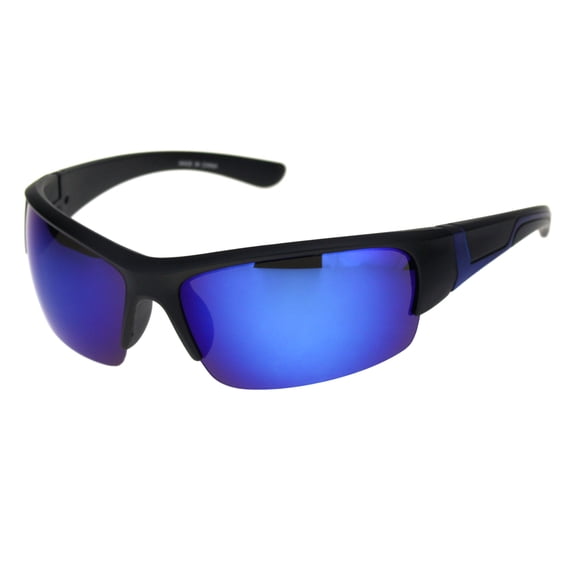 Mens Colored Mirror Narrow Half Rim Sport Warp Sunglasses Matte Black Blue Blue Mirror
