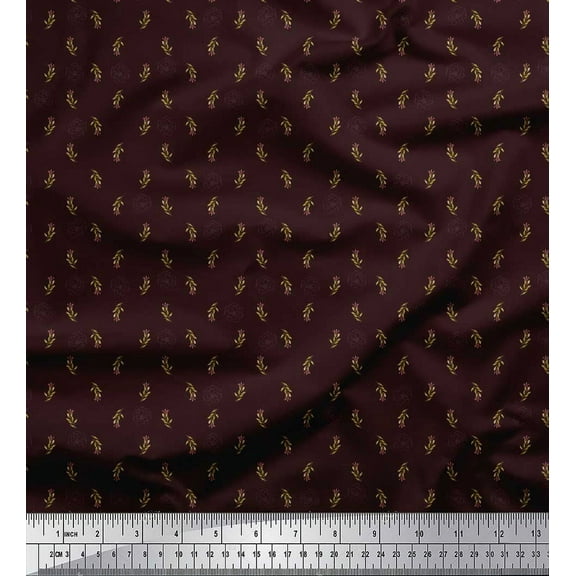 Soimoi Brown Cotton Duck Fabric Flower Bud & Leaves Printed Fabric 1 Yard 44 Inch Wide