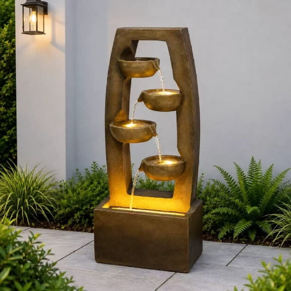 Modern Outdoor Water Fountain with Lights 4 Tier Cascading Bowl Waterfall Freestanding Garden Fountain for Patio Yard Porch Landscape