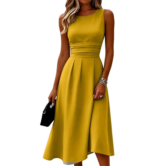 JULMCOMO Dresses for Women Round Neck Ruched Waist Pleated Elegant Summer Midi Dresses Sleeveless A Line Casual Sundresses Yellow M