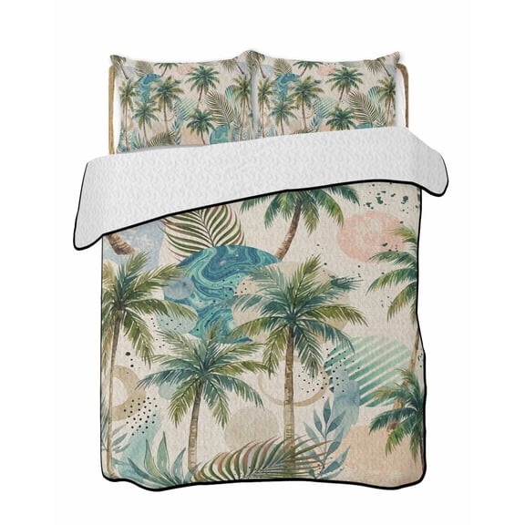 Quilts Queen Size Bedding Set, Tropical Plant Reversible Summer Quilt 3 Pieces, Summer Watercolor Boho Palm Tree on Linen Lightweight Bedspreads Coverlets with 2 Pillow Shams for All Seasons