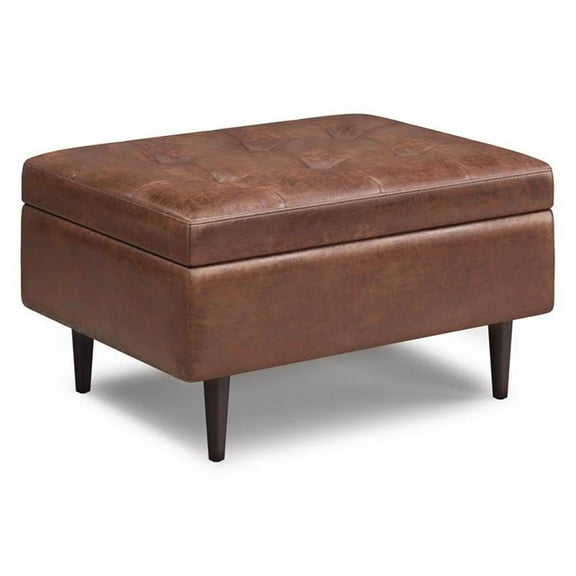 Pemberly Row Mid-Century 34" Faux Leather Storage Ottoman in Saddle Brown