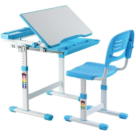 Gymax Height Adjustable Children S Desk Chair Set Multifunctional Study Drawing Blue
