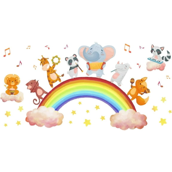 Rainbow and Animal Kids Wall Stickers Stars Elephant Wall Decals Peel and Stick Removable Giraffe Panda Rhino Fox Wall Stickers for Kids Bedroom Living Room Decor Mixed Color 1pc