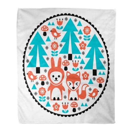 SIDONKU Throw Blanket Warm Cozy Print Flannel Blue Floral Children Pattern Scandinavian Cute Folk Nature and Green Comfortable Soft for Bed Sofa and Couch 58x80 Inches