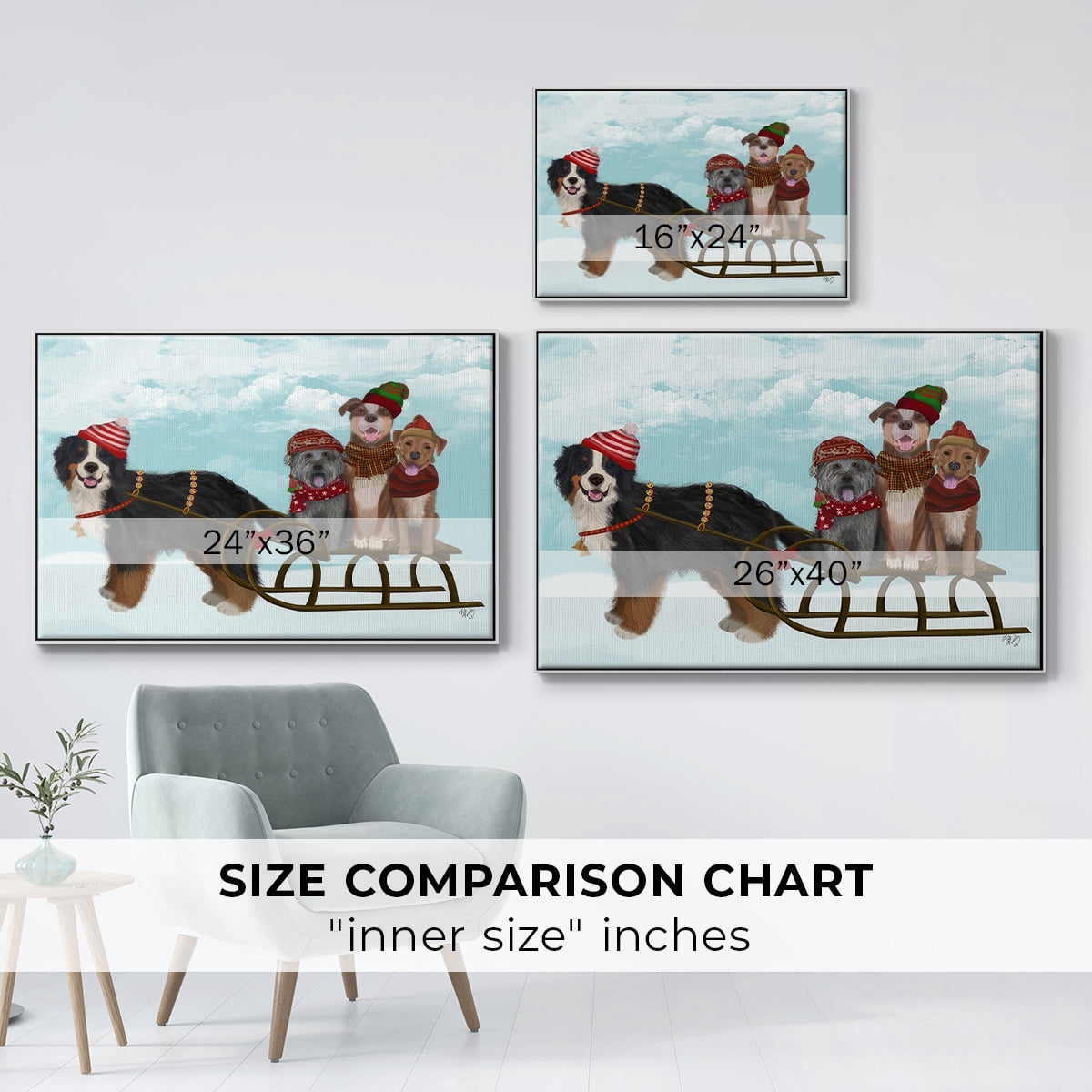 Christmas Mutt Sled - Framed Gallery Wrapped Holiday Canvas - 17 x 25 - White Frame