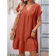 thumbnail image 4 of Women'S Short Sleeve V Neck Ruffle Hem Solid Swing Smock Dress Rust Red M, 4 of 9