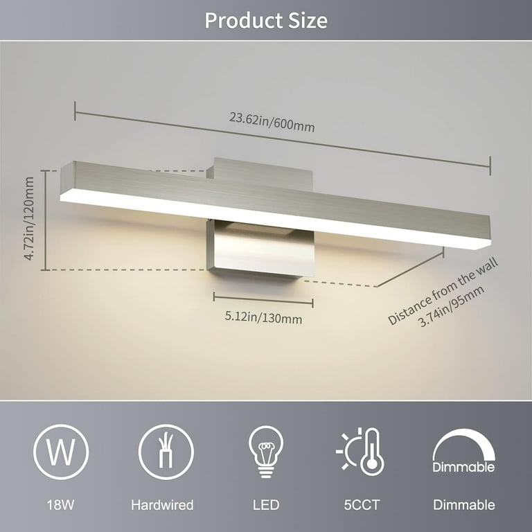 Modern Black Vanity Light - 23.62 Inch LED Bathroom Sconce, Dimmable With 5 Color Temperatures, For Mirror Lighting