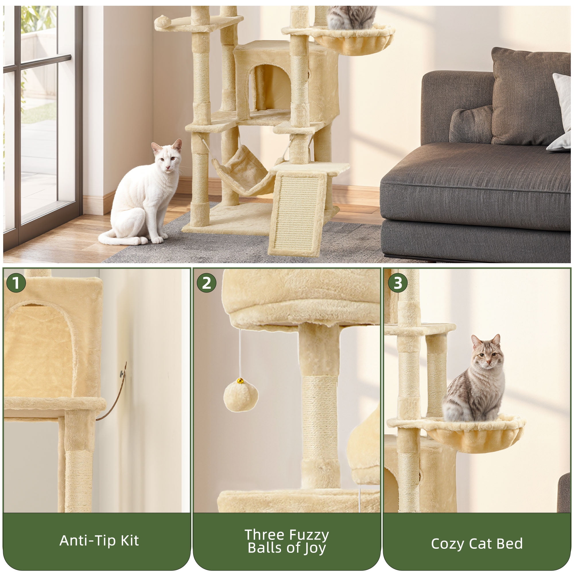 Uforic 75" Tall Cat Tree, Multi-Level Cat Tower with Condos, Hammocks, Scratching Posts, Beige