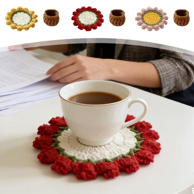 Polyester Coasters Handmade Crochet Rose Mat and Knitted Storage Basket Multicolor Polyester Insulation Pad Desktop Ornament Holiday Gift(Multicolor,1-Piece) Rkxzt