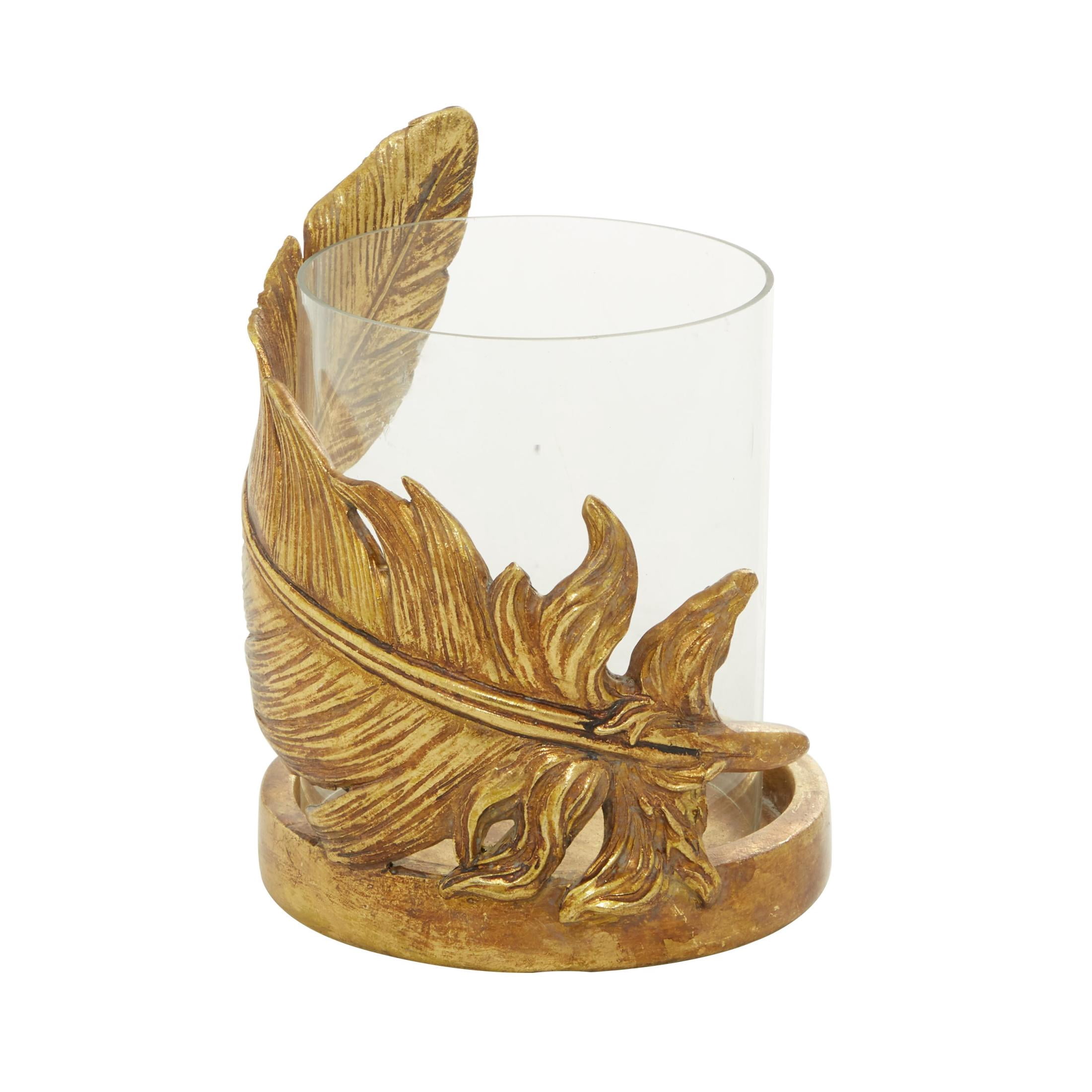 DecMode Gold Glass Bird Feather Pillar Hurricane Lamp